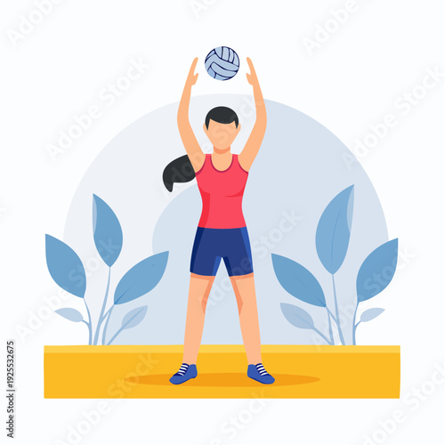 Vector illustration of a female athlete setting a volleyball, showcasing sports training and an active lifestyle concept
