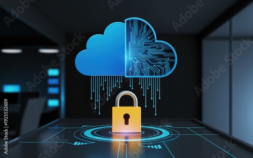Advanced Cloud Security and Data Protection Concept with Digital Circuit Cloud and Glowing Padlock Icon in a Server Environment.