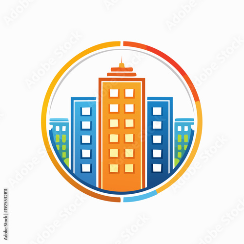 Vibrant city skyline logo with modern buildings in a circle, a real estate vector icon
