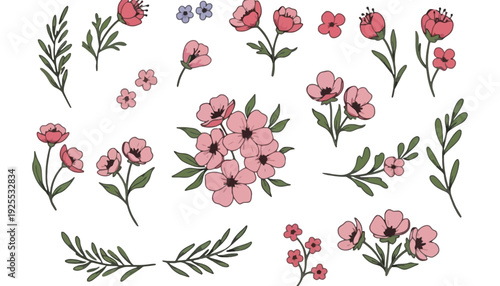 A beautiful floral illustration of pink flowers and green leaves on white background