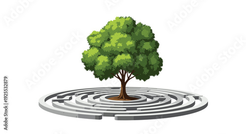 A large green leafy tree with a brown trunk stands in the center of a circular grey stone labyrinth maze against a plain white background.