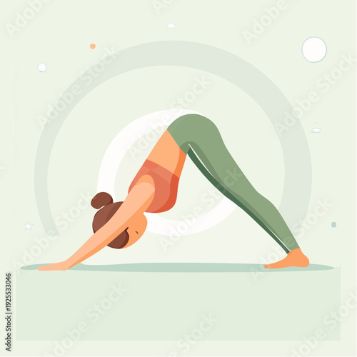 Woman in Downward-Facing Dog pose, practicing yoga on a mat with a minimalist background