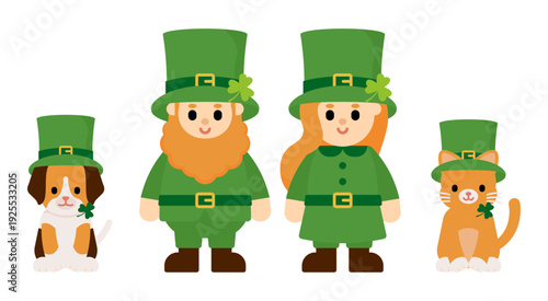 St.Patrick themed clipart set featuring male and female leprechauns plus dog and cat wearing festive hats. Perfect for party decor, greeting cards, posters, stickers, and seasonal designs.