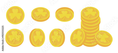 Gold round coins with clover engraving shown in front, side, top, bottom, and stacked views. Ideal for St. Patrick’s Day posters, game assets, branding, stickers, and festive designs.