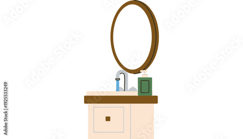 A bathroom vanity with a large oval mirror and modern fixtures illustration