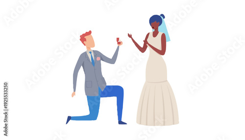 A man proposing to a woman with a ring in a romantic illustration