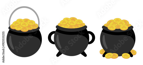 Set of pots filled with gold coins in three styles: hanging handle, side handles, and stand legs. Perfect for St. Patrick’s Day posters, party decor, stickers, branding, and seasonal designs.