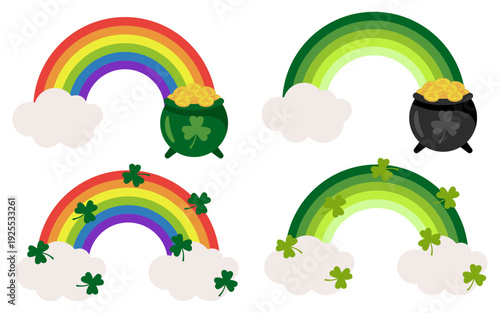 Clipart set of rainbow flowing from clouds to pot of gold, including classic rainbow and green gradient version. Ideal for St.Patrick’s Day posters, party decor, invitations, and seasonal designs.