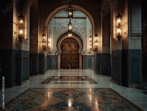 A large room with a door in the middle