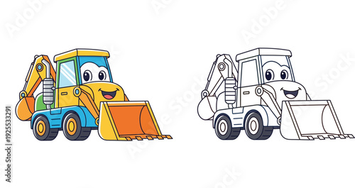 Cute smiling cartoon backhoe loader construction vehicle. Colorful vector illustration and black and white outline version for kids coloring book page.