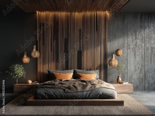 A bedroom with a bed, nightstand, and a large wall with wooden slats