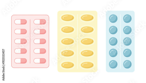 Pill vector illustration of colorful medication blister packs