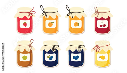A set of colorful jam jars with various fruit illustrations on them