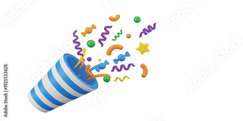Colorful Party Confetti Explosion from Striped Popper in Fun 3D Style for Celebration Event, Birthday Decoration, Festival, and Holiday Design