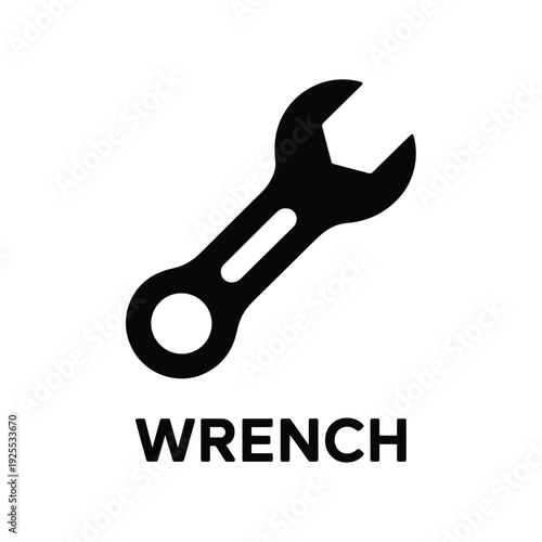 Simple black and white illustration of an open end wrench with text
