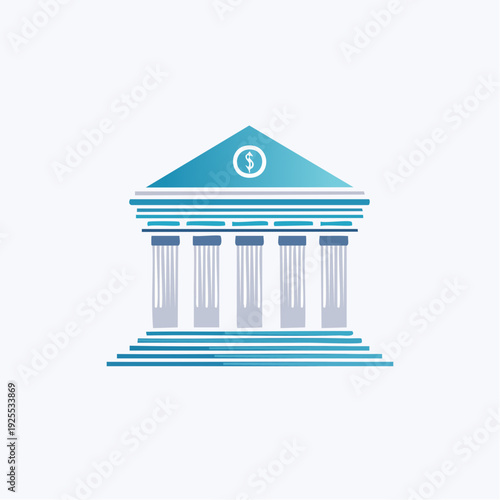 Blue bank building icon with classic columns and dollar sign for finance and economy