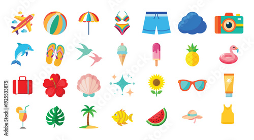 Summer vacation icon set featuring beach accessories travel items and tropical sea life elements