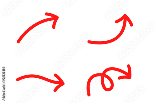 手書き風カーブデザインの右上向き矢印アイコン素材　セット　赤