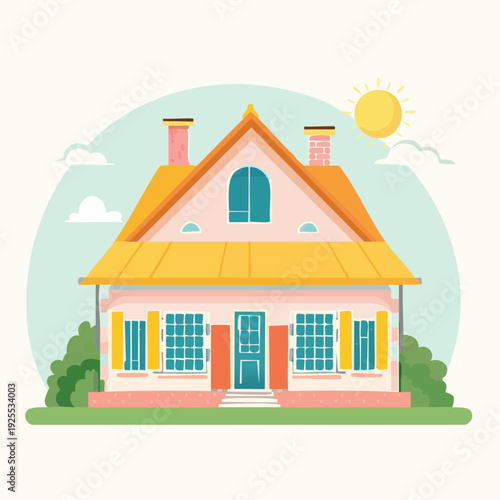 Charming Suburban House Illustration with Sunny Sky and Green Garden