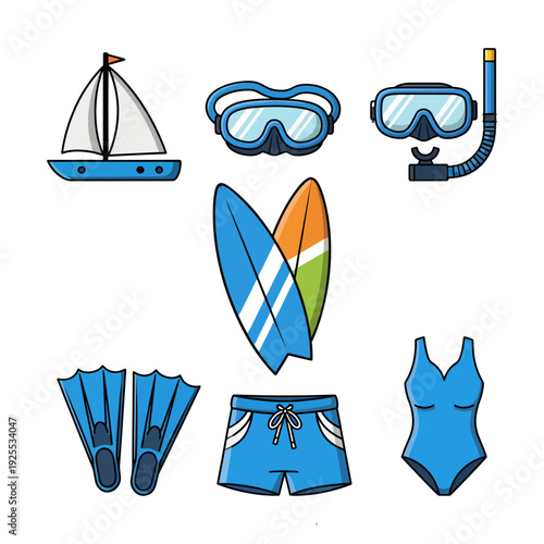 Summer Beach and Swimming Vector Icon Set with Sailboat, Goggles, Snorkel, Surfboards, Flippers and Swimwear