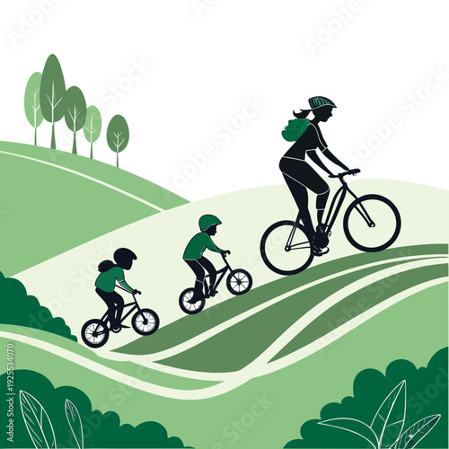 People riding bicycles on a green hill trail