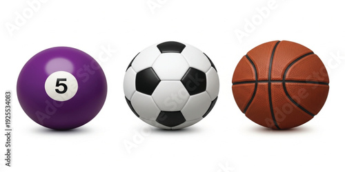 Sports Ball Collection with Billiard Ball Soccer Ball and Basketball in Realistic 3D Style for Game Equipment Design and Athletic Recreation Concepts