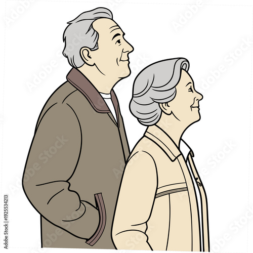 An elderly couple standing side by side looking up