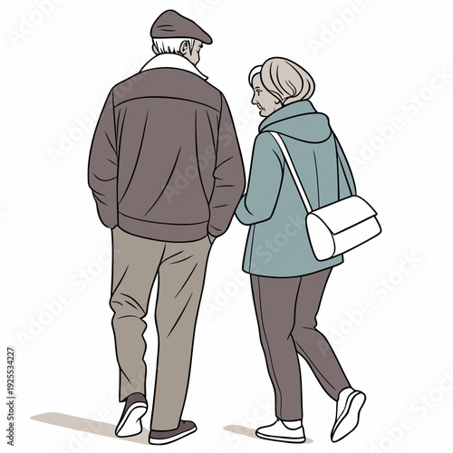 An elderly couple walking together from behind