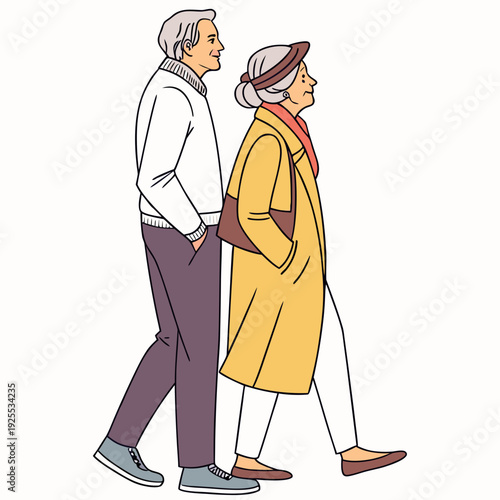 An elderly couple walking side by side