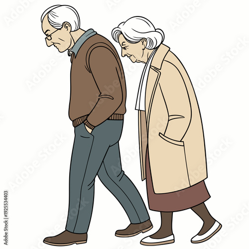 Elderly couple walking together in profile