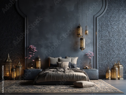 A bedroom with a bed, pillows, and a rug