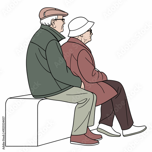 An elderly couple sitting together on a bench