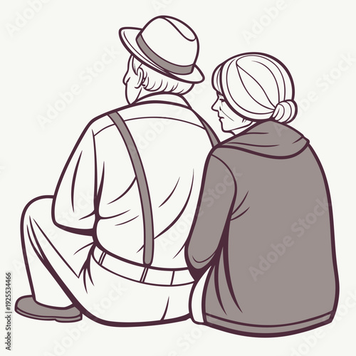An elderly couple sitting together on the ground