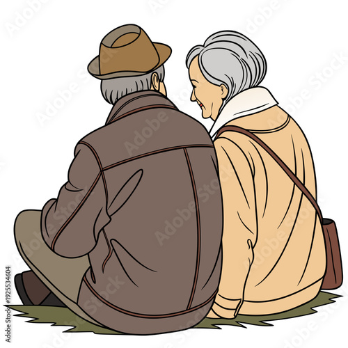 An elderly couple sitting together on the ground
