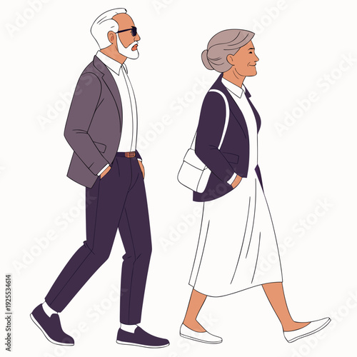An older man and woman walking side by side