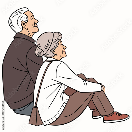 An elderly couple sitting back to back on the floor