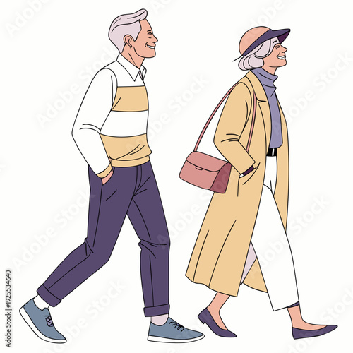 An elderly couple walking together outdoors