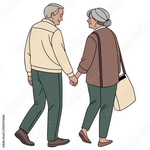 Elderly couple walking hand in hand