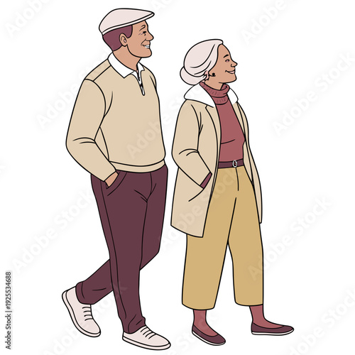An older man and woman walking side by side in casual clothing