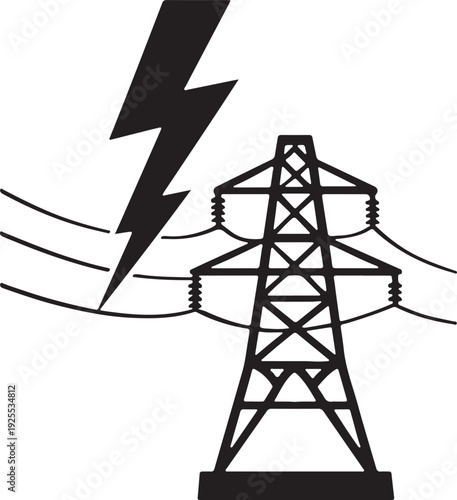 Lightning bolt striking power grid lines, energy surge black silhouette.
