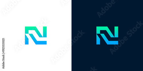 Modern abstract letter N logo design in gradient blue and green on white and dark backgrounds, representing technology and innovation