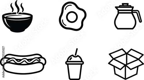 black and white food and drink icons on white background