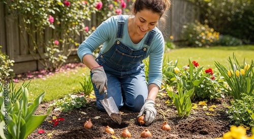 A woman in denim overalls plants flower bulbs in a garden using a metal trowel.
