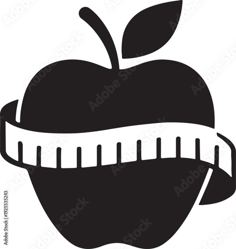 Apple with measuring tape wrapped around, nutrition fitness symbol black.