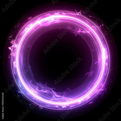 Glowing Purple Circle Frame with Luminous Sparkles on Black Background