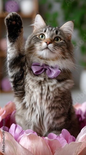 Charming fluffy cat with purple bowtie reaching up in a basket of petals
