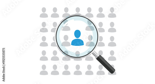 A large magnifying glass focuses on a single bright blue human silhouette among a grid of grey figures on a white background.