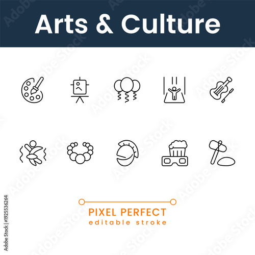 Modern arts and culture icon set vector collection with museum, music, theater and creative symbols flat design for web and print