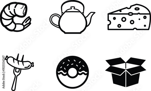 Black and white line drawing of food and kitchen items on white background