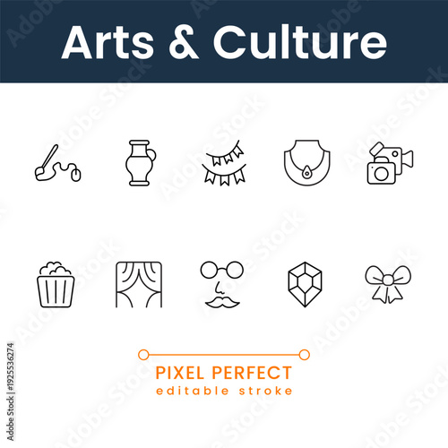Modern arts and culture icon set vector collection with museum, music, theater and creative symbols flat design for web and print